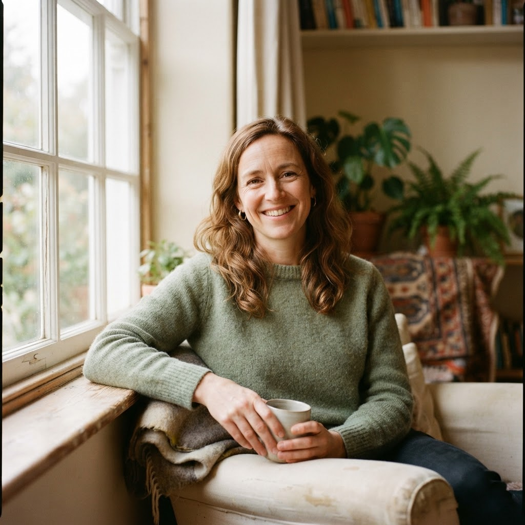 Heather, founder of Switched Off Sundays, sitting by a window in natural light